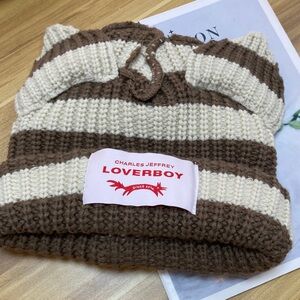 Women Striped Knit Beanie Hat in Brown & Cream